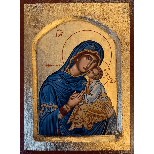 Ikon med Jomfru Maria i bl med kinden mod barnet