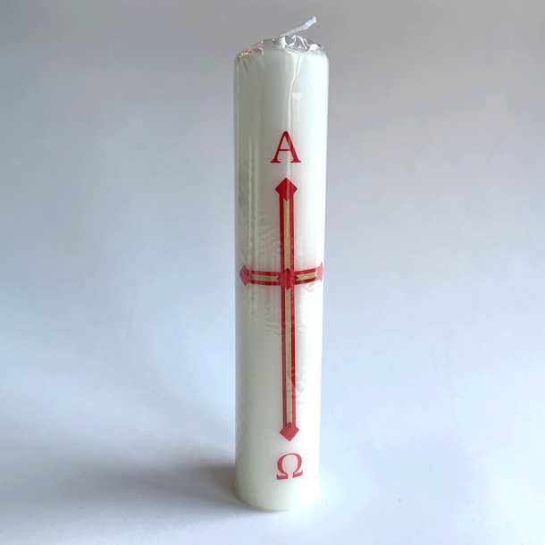 Lys med trykt kors &amp; Alpha Omega tegn (4x20 cm)