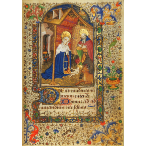 Kort med kunstmotiv af Kristi fdsel fra illumineret manuskript