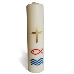 Dbslys med guldkors, fisk og vand motiv