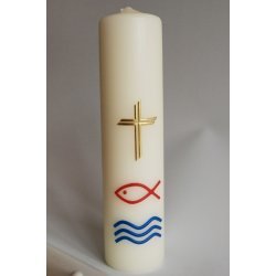 Dbslys med guldkors, fisk og vand motiv